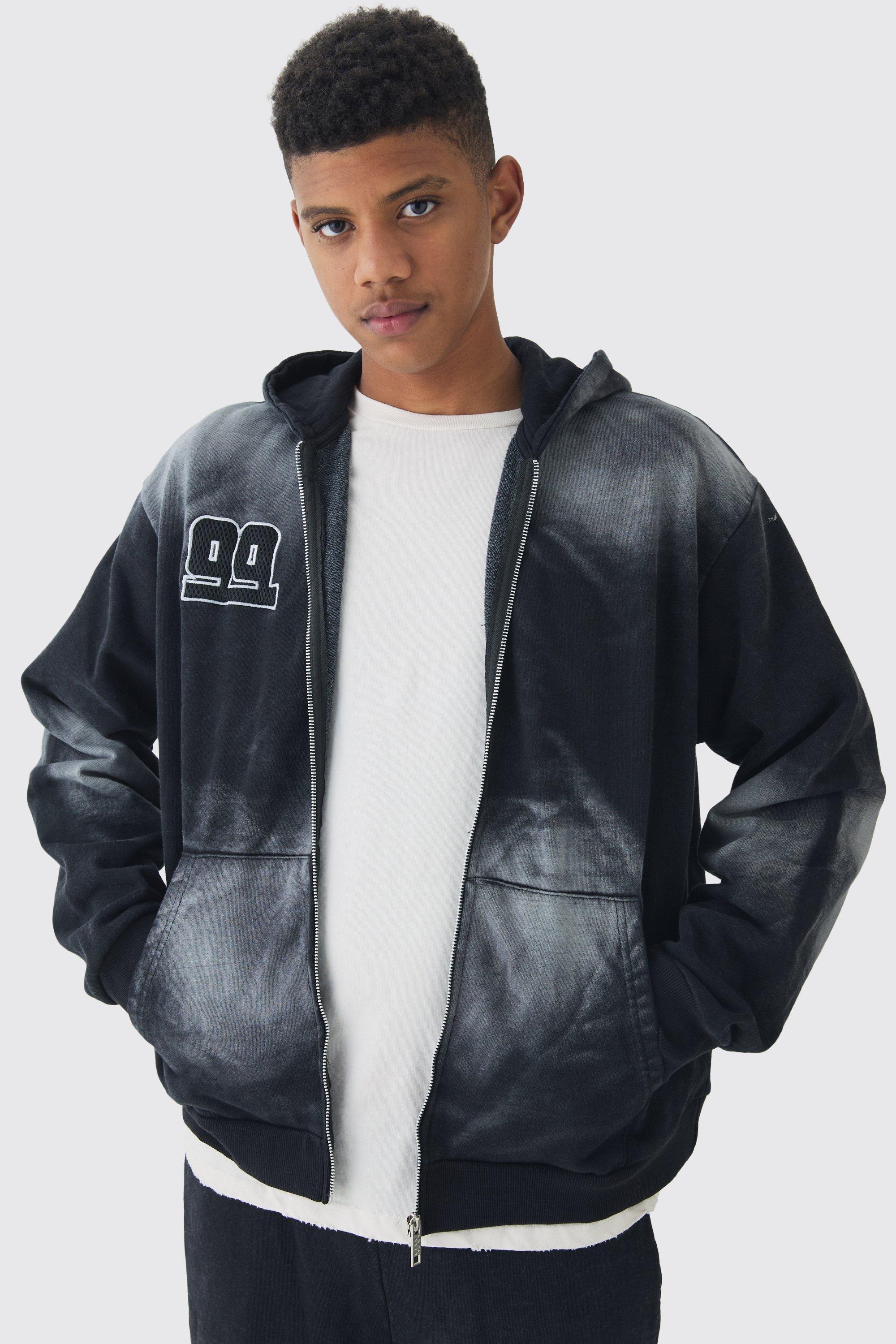 Tall Oversized Zip Thru Heavy Washed Applique Hoodie | boohooMAN USA Product Image