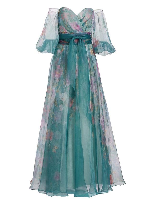 Womens Floral Belted Off-The-Shoulder Gown Product Image