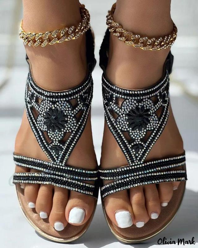 Olivia Mark – Elegant Rhinestone Embellished Tribal Floral Pattern Summer Sandals for the Beach Product Image