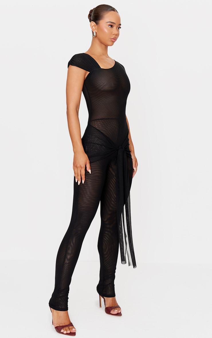 Black Mesh Asymmetric Cap Sleeve Jumpsuit Product Image