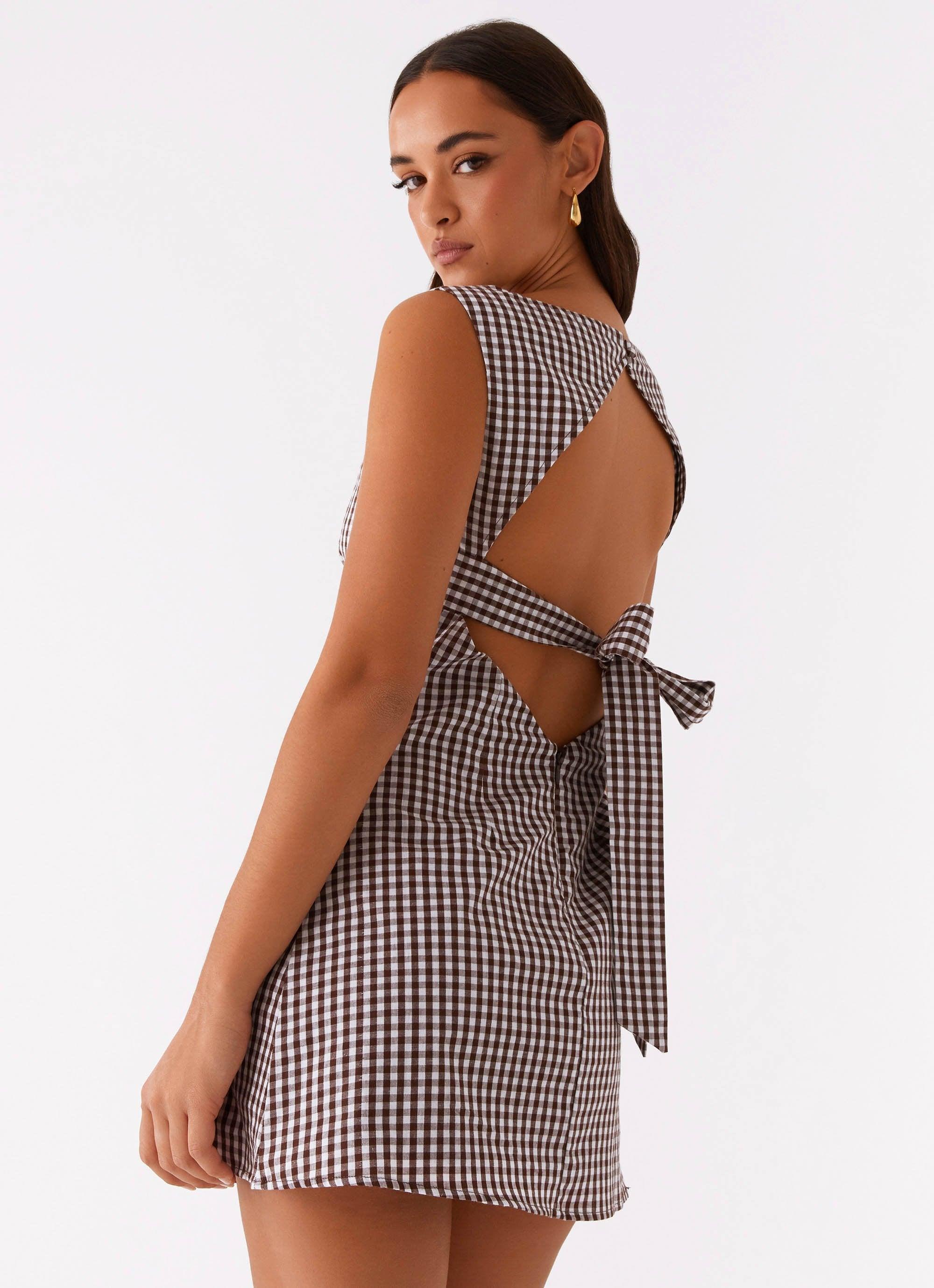 Lotus Tie Back Mini Dress - Chocolate Gingham Product Image