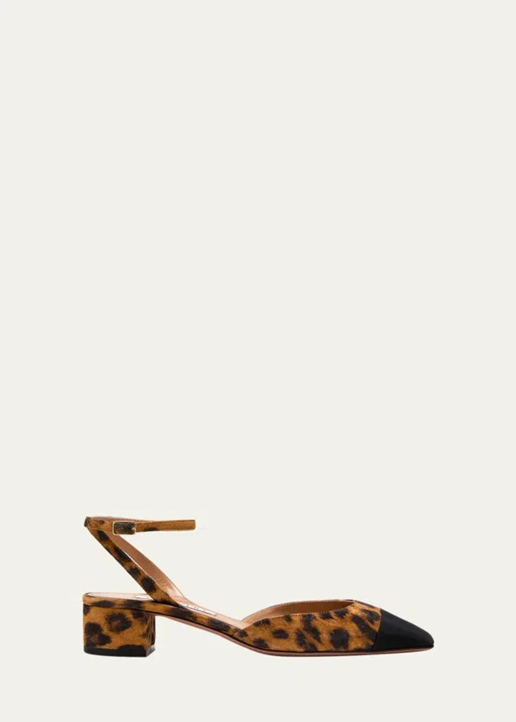 French Flirt Leopard Ankle-strap Ballerina Pumps In Caramel Product Image