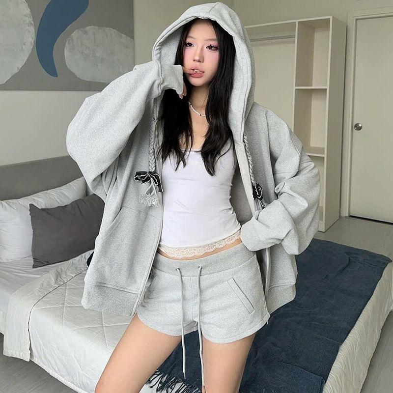 Ribbon Accent Zip-Up Hoodie Product Image