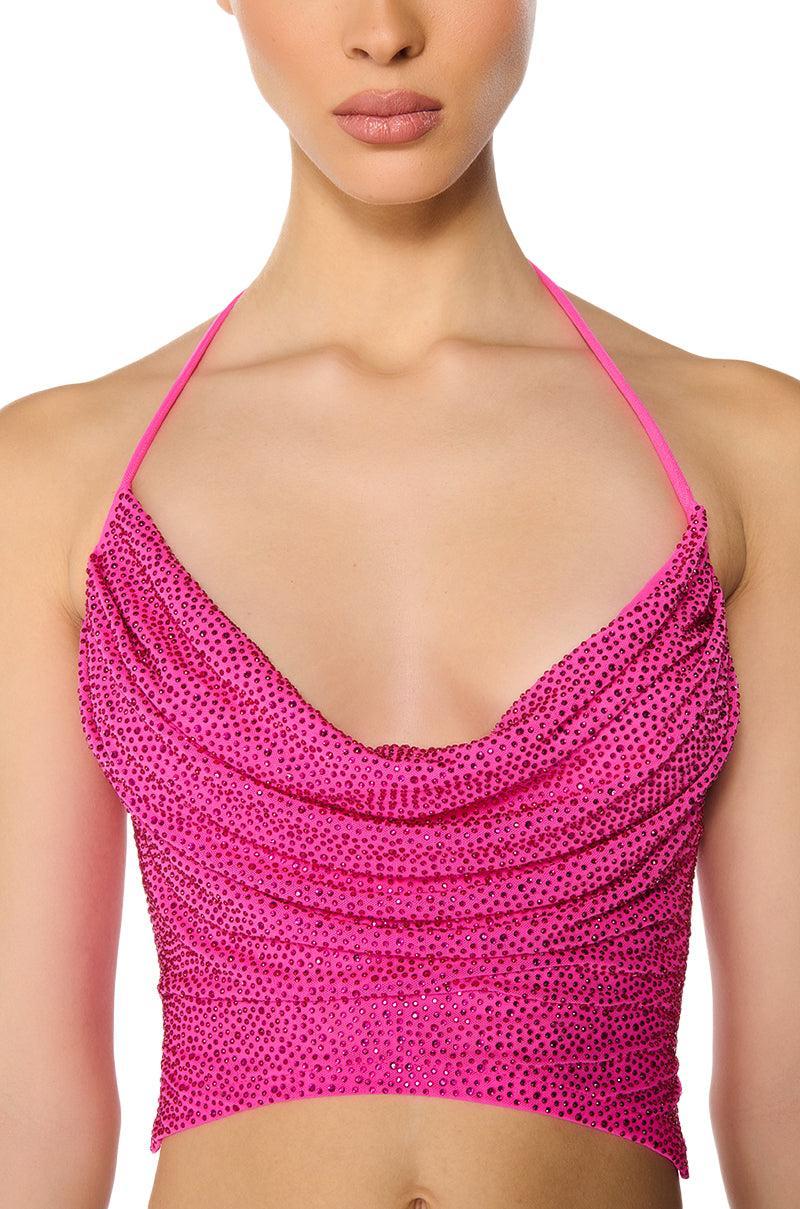 GLITZY RHINESTONE MESH HALTER TOP IN PINK Product Image