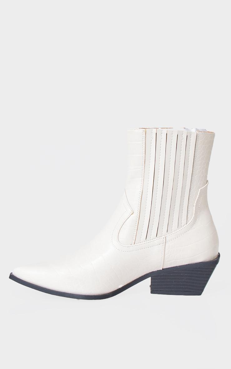 White Croc PU Point Toe Low Block Heel Western Ankle Boots Product Image