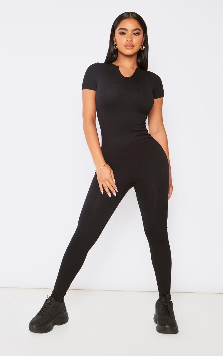 Petite Black Structured Snatched Rib V Neck Short Sleeve Jumpsuit Product Image