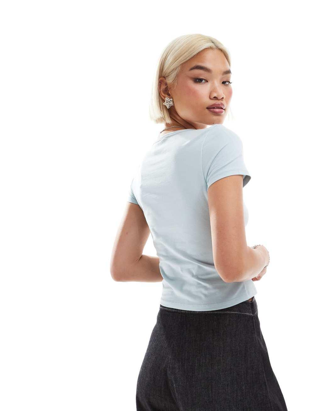 Monki ribbed shrunken t-shirt in light blue Product Image