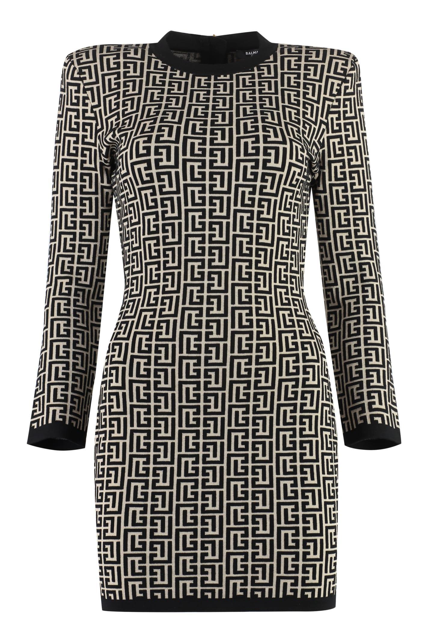 BALMAIN Women's Geometric Jacquard Wool Dress In Ivory Product Image