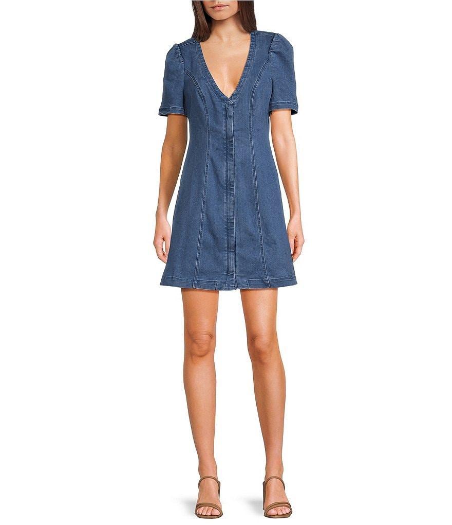 Sugarlips Denim V-Neck Short Sleeve Slim Fit Zip Front Sheath Mini Dress Product Image