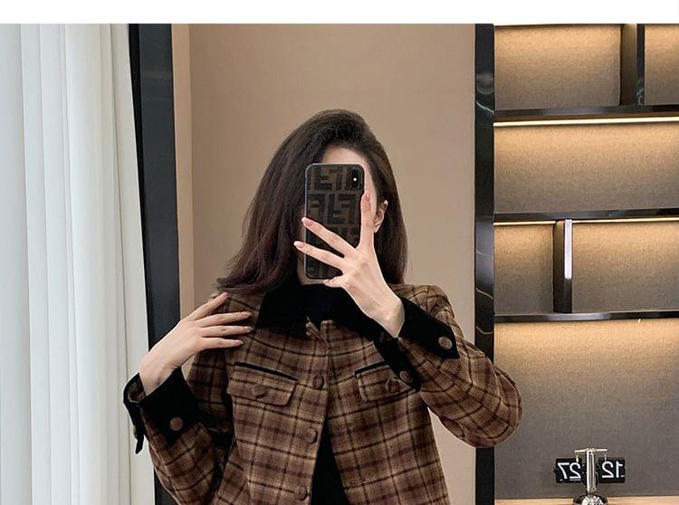 Set: Plaid Button-Up Crop Jacket + Mini Pleated Skirt Product Image