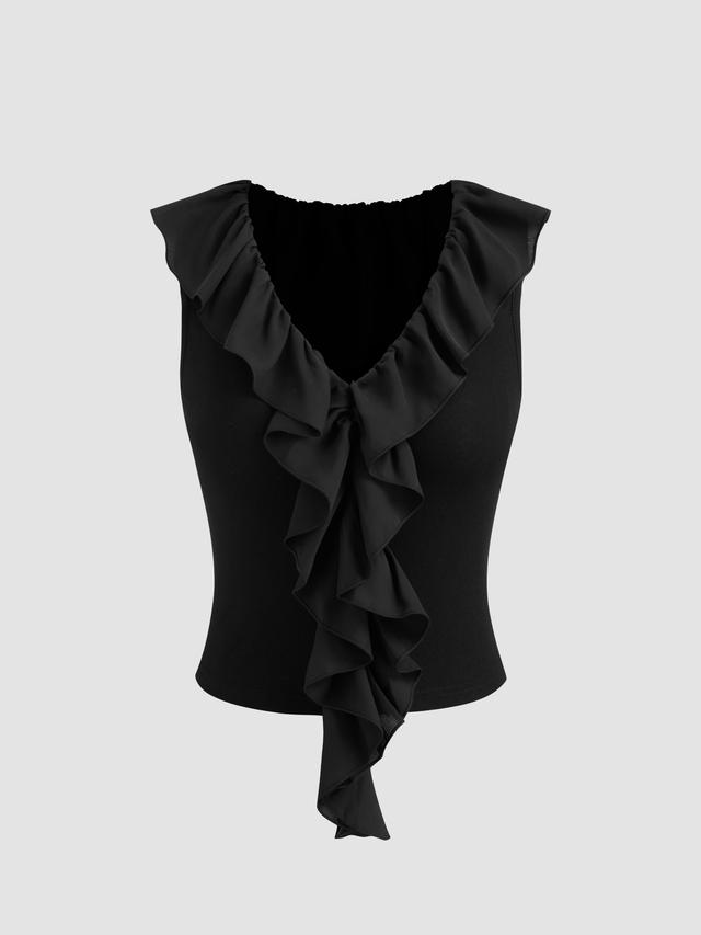 V-neck Solid Ruffle Hem Short Sleeve Crop Blouse Product Image