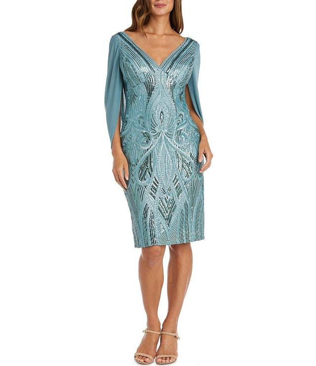 R & M Richards Drape Back Sleeve V-Neck Sequin Embellished Dress Product Image