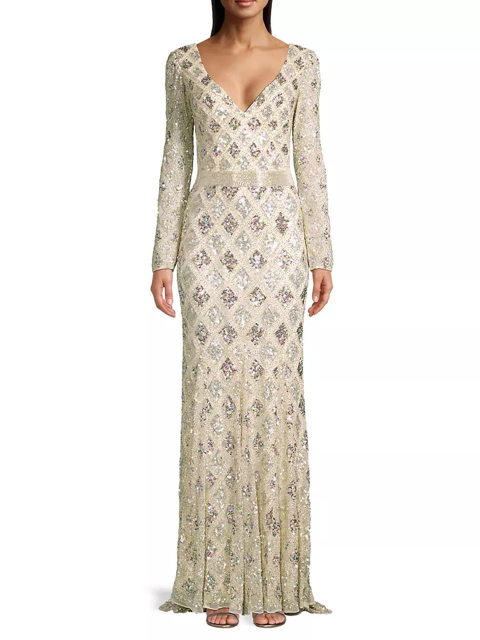 Lattice Sequin Long-Sleeve Gown Product Image