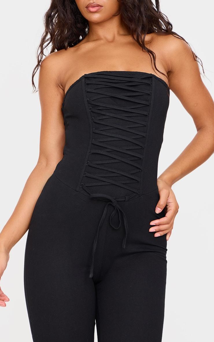 Black Bandeau Corset Lace Up Straight Leg Jumpsuit Product Image