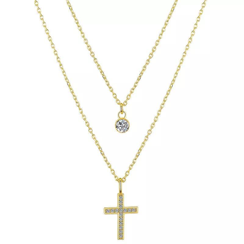 Gratitude & Grace 14k Gold Plated Cubic Zirconia Cross and Bezel Layered Pendant Necklace, Womens Gold Tone Product Image