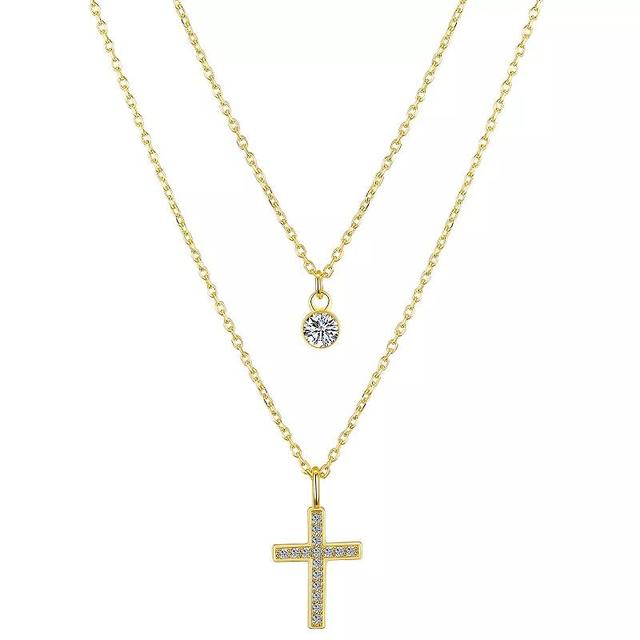 Gratitude & Grace 14k Gold Plated Cubic Zirconia Cross and Bezel Layered Pendant Necklace, Womens Multicolor Product Image