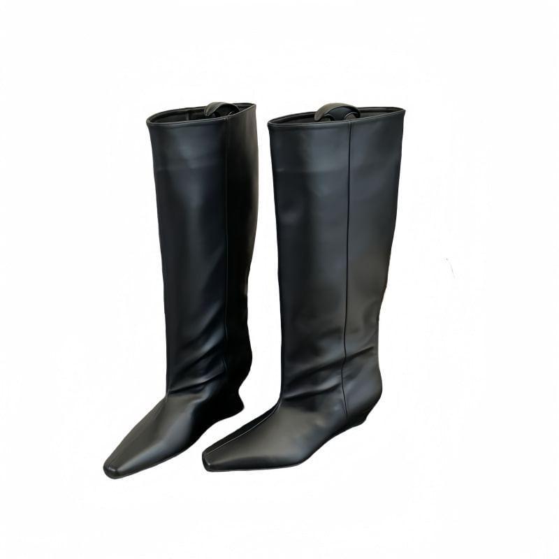 Wedge Heel Plain Faux Leather Tall Boots Product Image