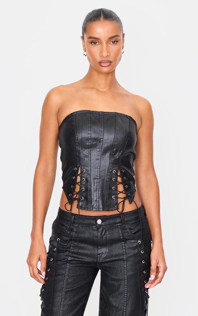 Black Coated Denim Lace Up Front Bandeau Corset Product Image