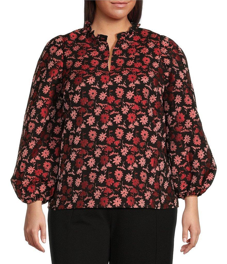 Sugarlips Plus Size Long Sleeve Floral Printed Jacquard Peasant Blouse Product Image