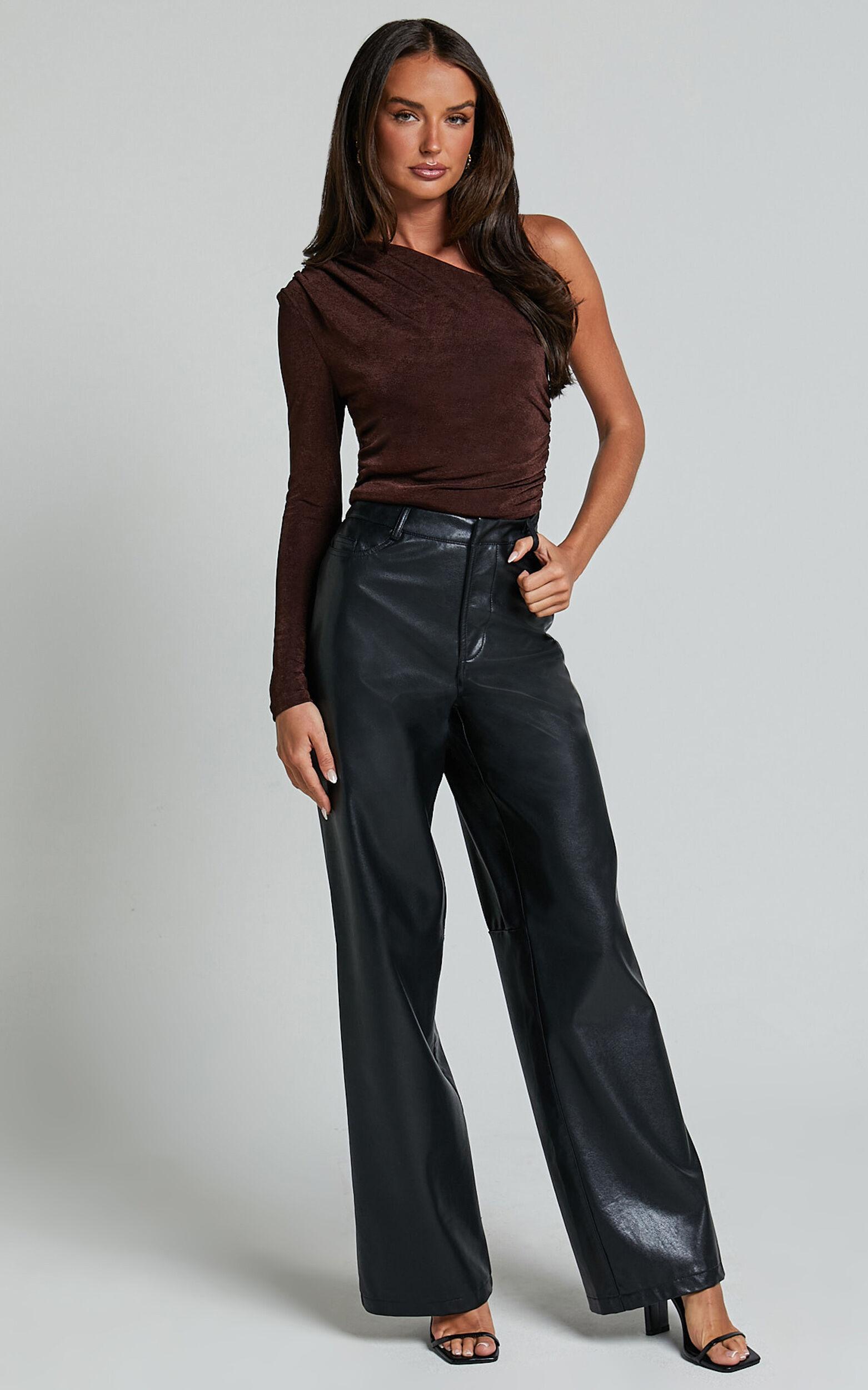 Bridgette Top - One Shoulder Long Sleeve Ruched Top in Chocolate Product Image