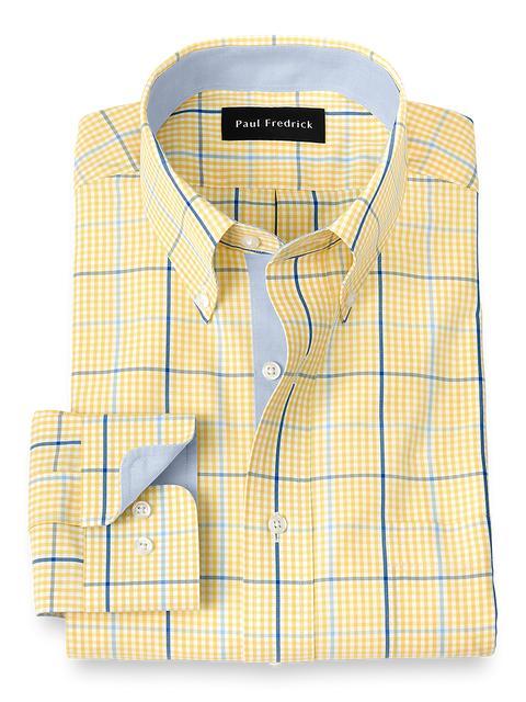 Non-Iron Cotton Windowpane Dress Shirt With Contrast Trim - Yellow/cobalt Product Image