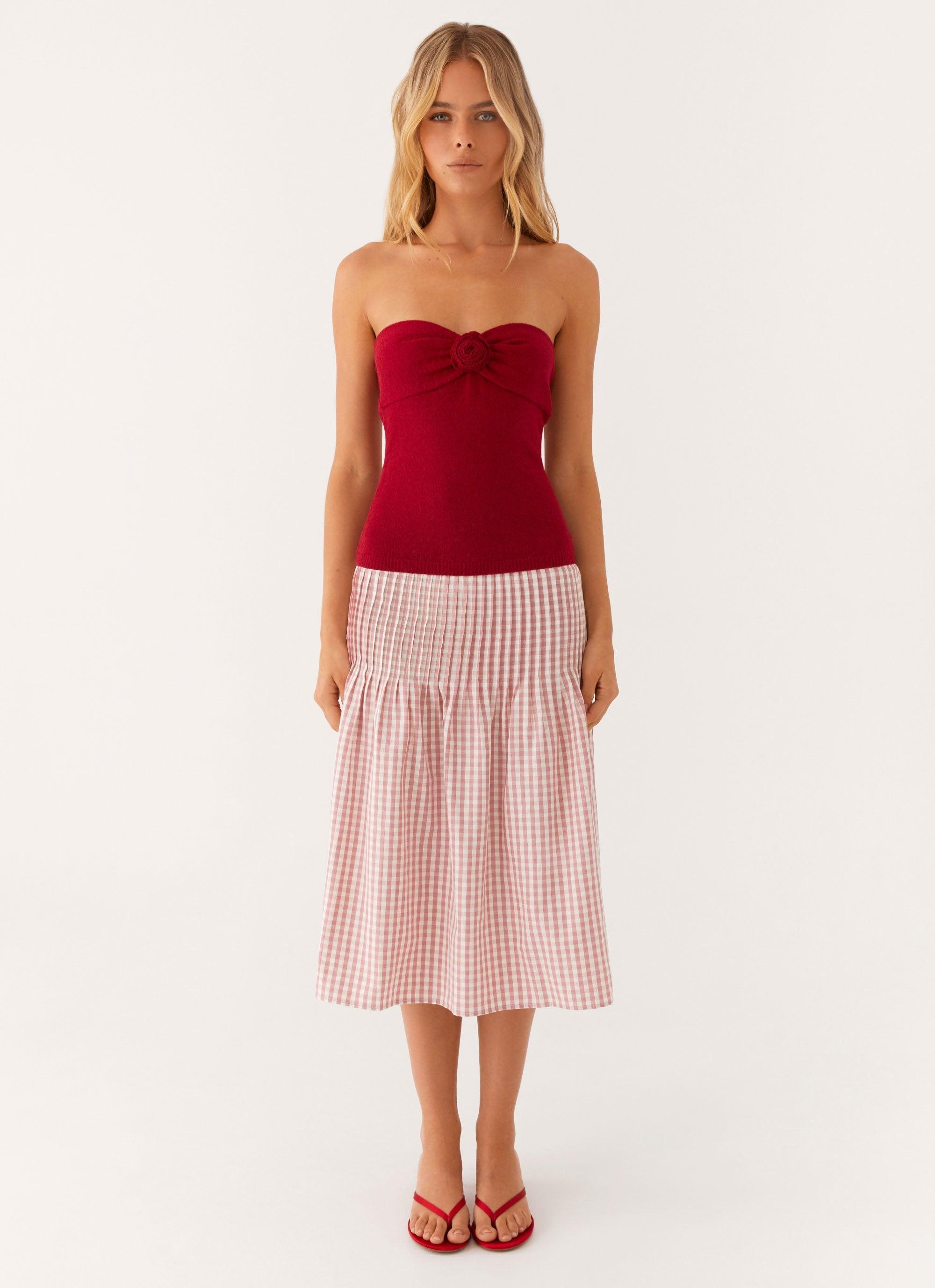 Dreamscape Midi Skirt - Maroon Gingham Product Image