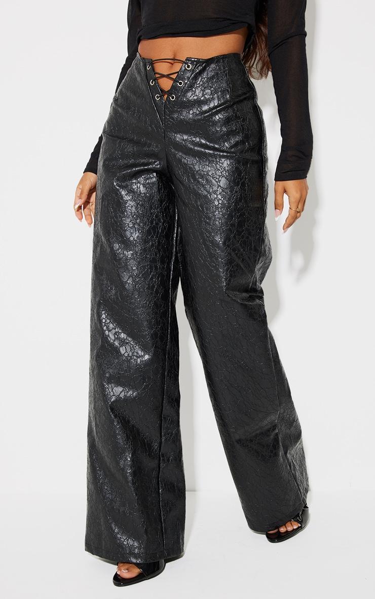 Petite Black Faux Leather Cracked Effect Lace Up Wide Leg Pants Product Image