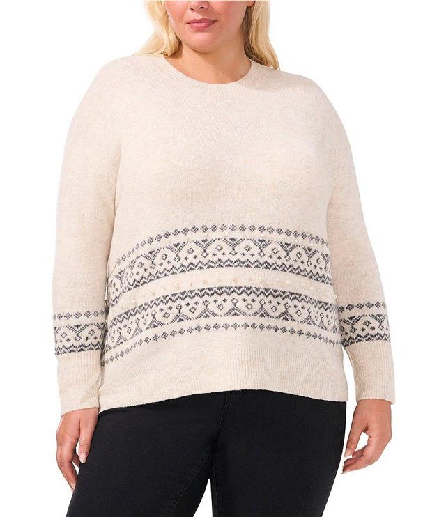 CeCe Plus Size Fair Isle Jersey Knit Crew Neck Dropped Long Sleeve Pullover Sweater Product Image