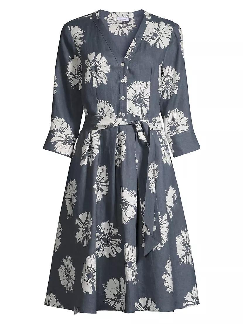 Floral Linen Belted Midi-Dress Product Image