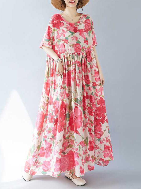 A-line Batwing Sleeves Flower Print Pleated Split-Joint Round-neck Midi Dresses Product Image