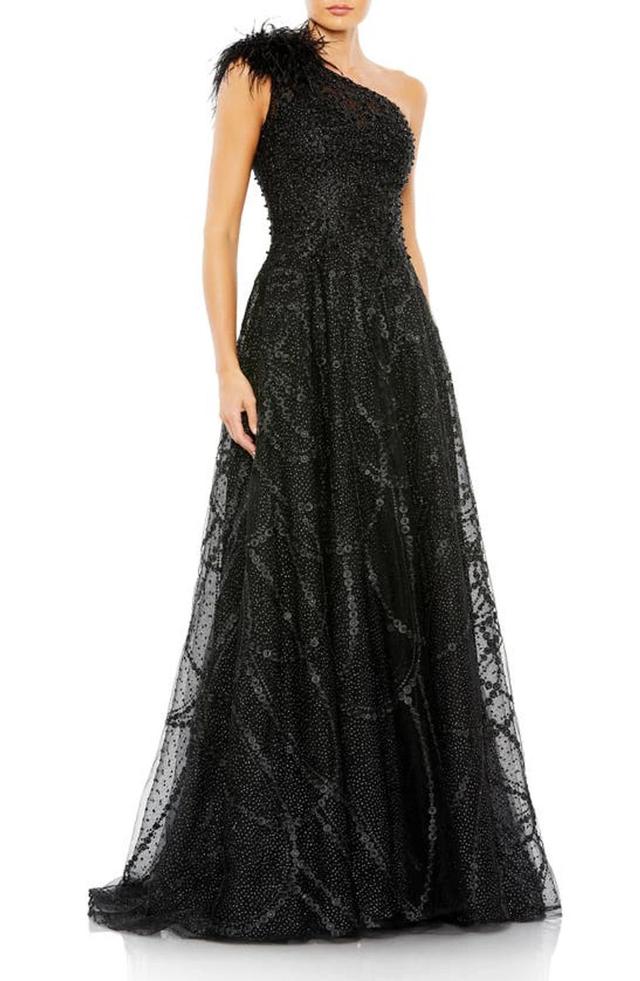 Embellished One Shoulder A Line Gown In Black Product Image