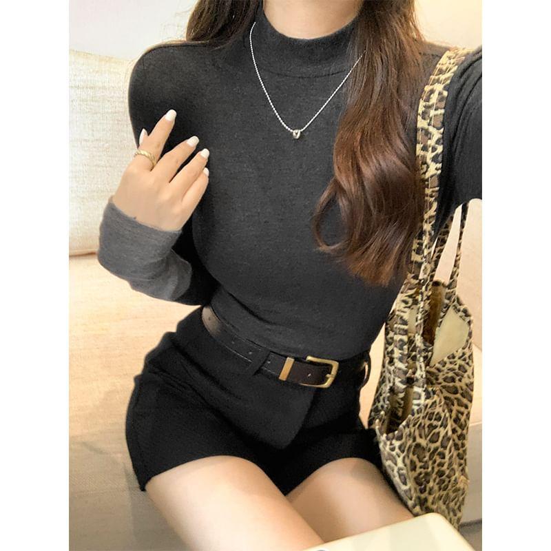 Long-Sleeve High Neck Two-Tone T-Shirt Product Image