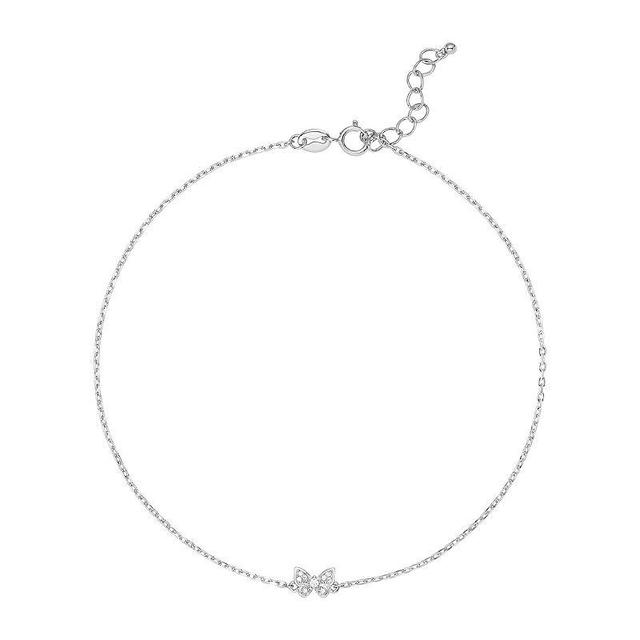 PRIMROSE Sterling Silver Pave Cubic Zirconia Butterfly Anklet, Womens Sterling Clear Product Image