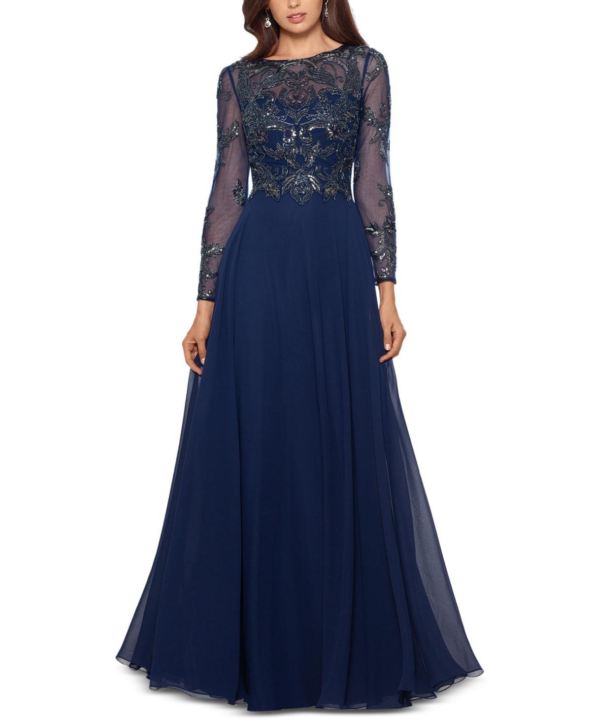 Xscape Illusion Crew Neck Long Sleeve Floral Beaded Bodice Chiffon Gown Product Image