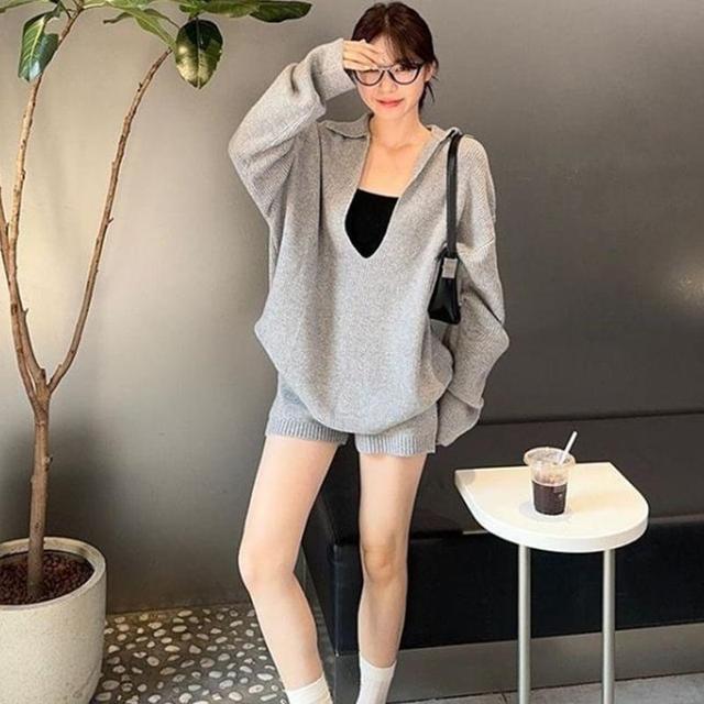 Set: Long-Sleeve Polo-Neck Plain Sweater + High Waist Shorts Product Image