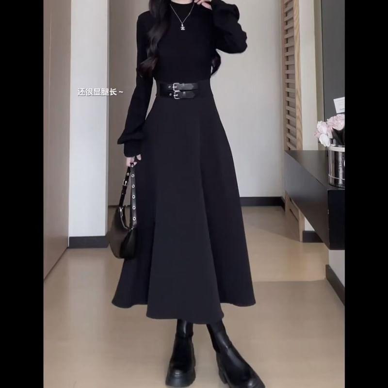 Long-Sleeve Mock Neck Plain Buckled Midi A-Line Dress Product Image