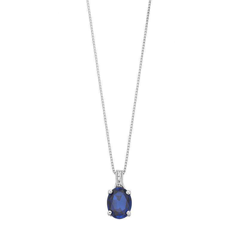 Gemminded Sterling Silver Lab-Created Sapphire & Diamond Accent Oval Pendant Necklace, Womens Product Image