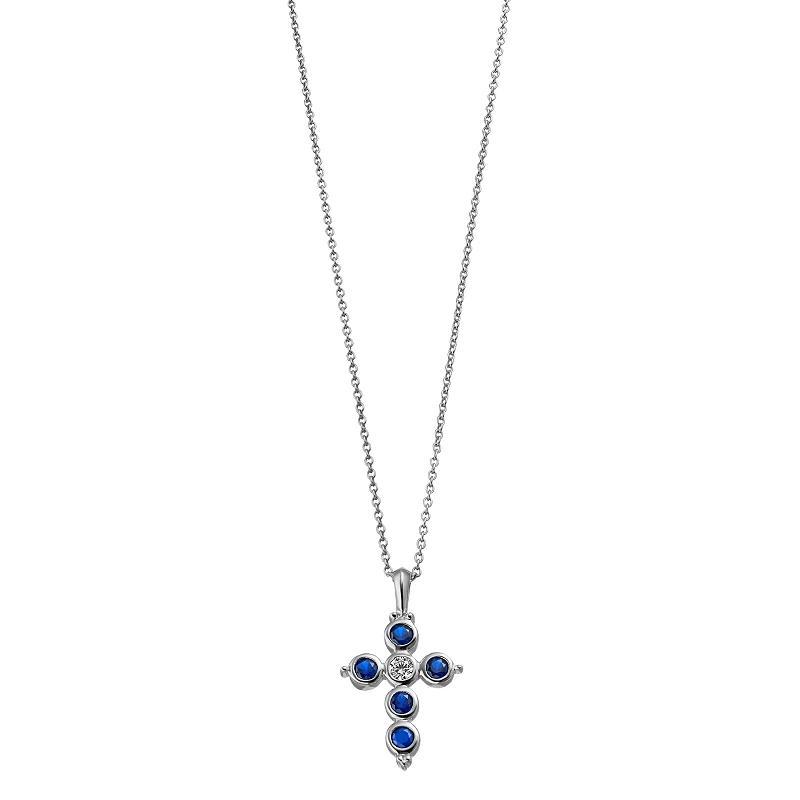 Rosabella Sterling Silver Cubic Zirconia Round Cross Pendant Necklace, Womens Blue Product Image