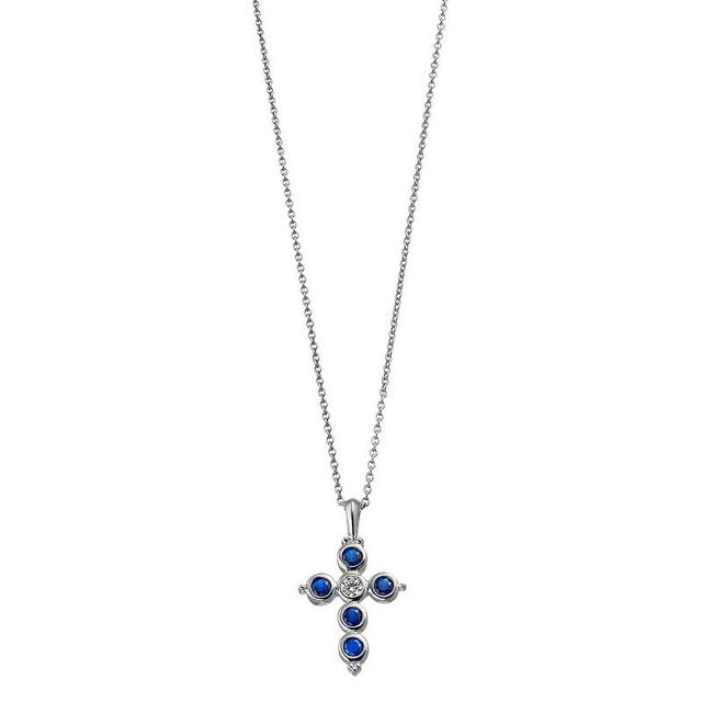 Rosabella Sterling Silver Cubic Zirconia Round Cross Pendant Necklace, Womens Blue Product Image