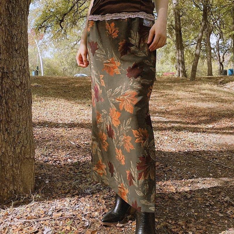 Low Waist Leaf Print Midi A-Line Skirt Product Image