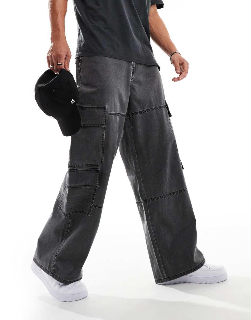 ASOS DESIGN baggy pants with oversized pockets in distressed gray Product Image