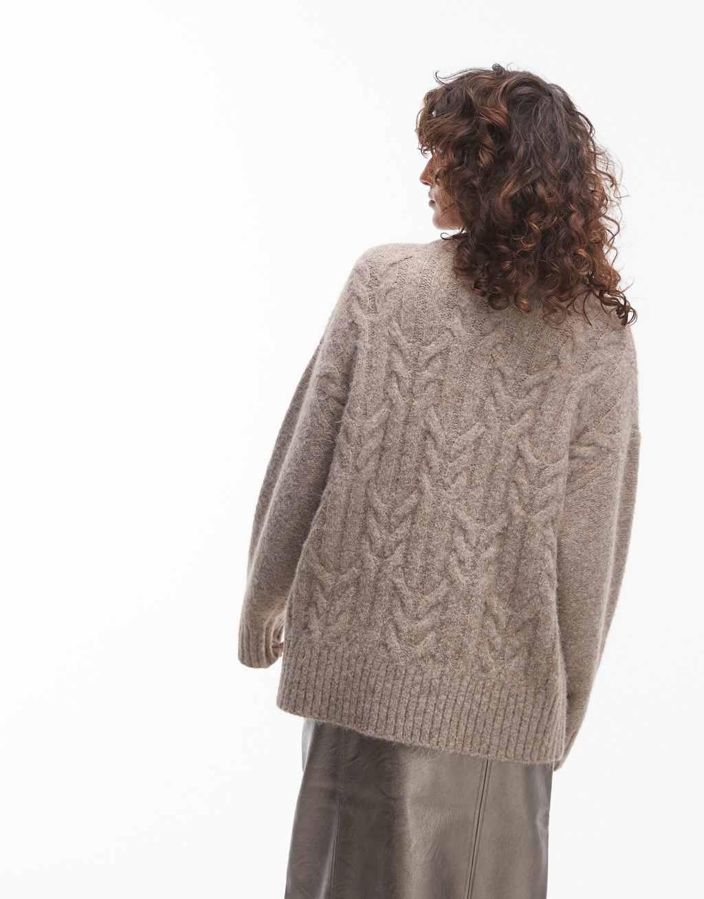 Topshop knit fluffy oversized cable sweater in oat Product Image