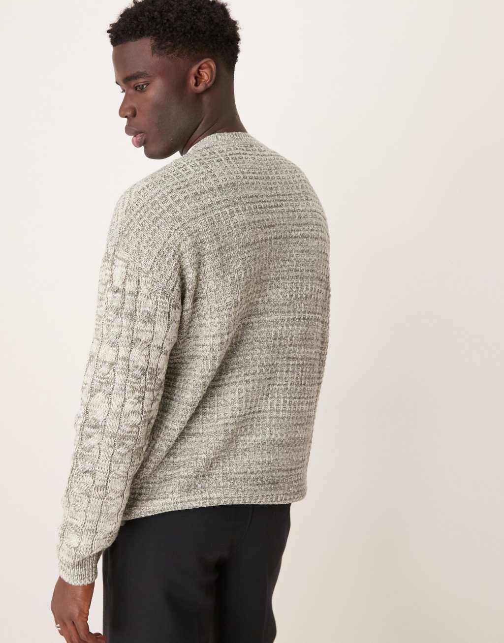 ASOS DESIGN knitted crew neck sweater with cable knit detail in khaki Product Image