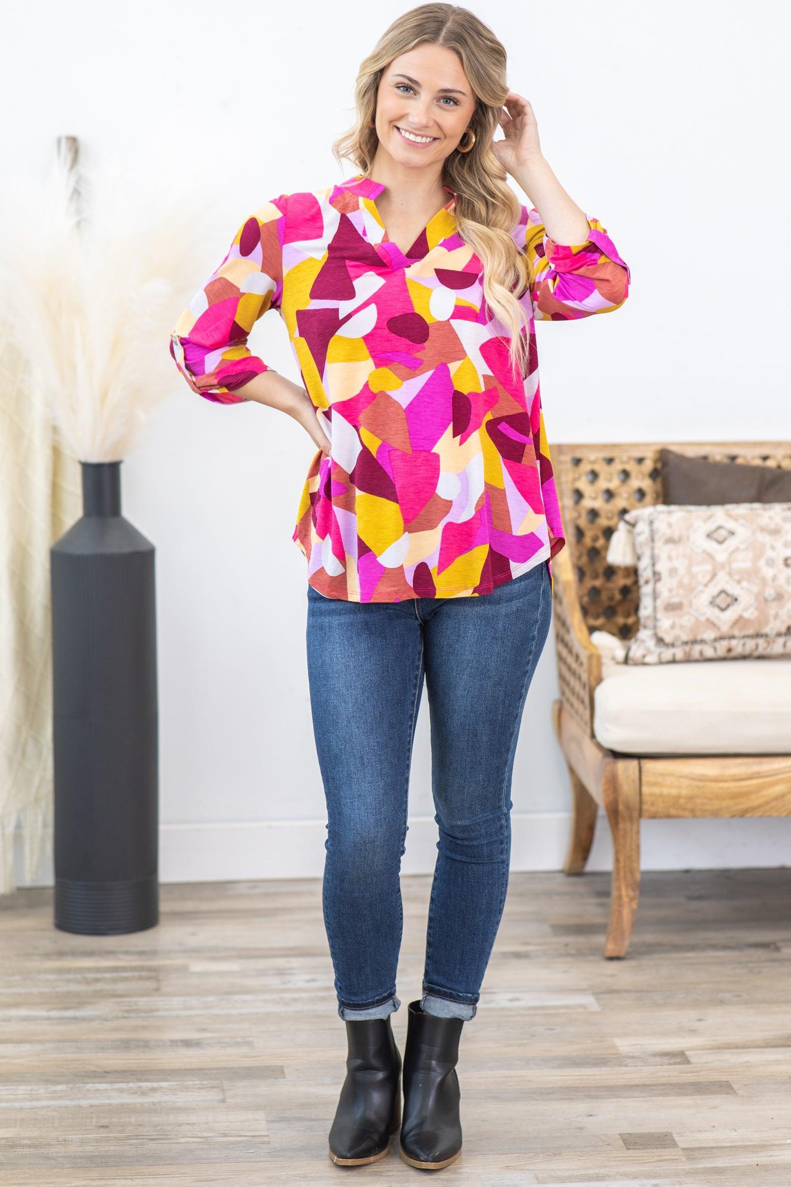 Hot Pink Geo Print Wrinkle Free Lizzy Top Product Image