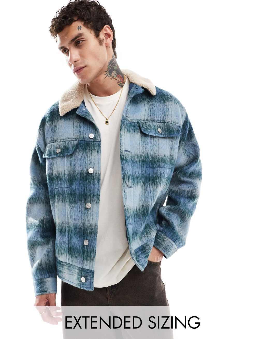 ASOS DESIGN oversized wool look trucker jacket in blue plaid with borg collar Product Image