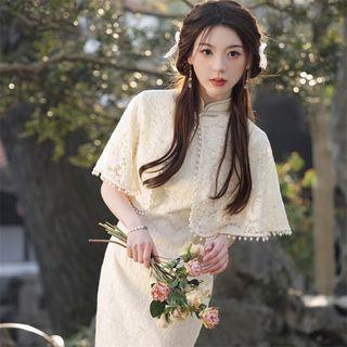 Set: Short-Sleeve Lace Panel Midi Qipao + Cape Product Image