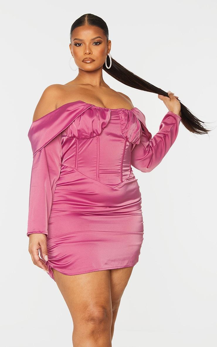 Plus Pink Satin Drape Bardot Sleeve Ruched Back Bodycon Dress Product Image