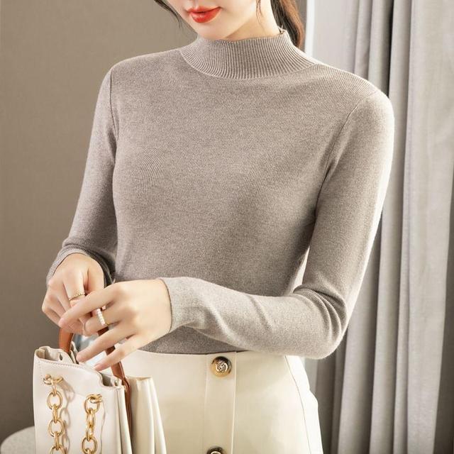 Long Sleeve Mock Neck Plain Ribbed Knit Top Product Image