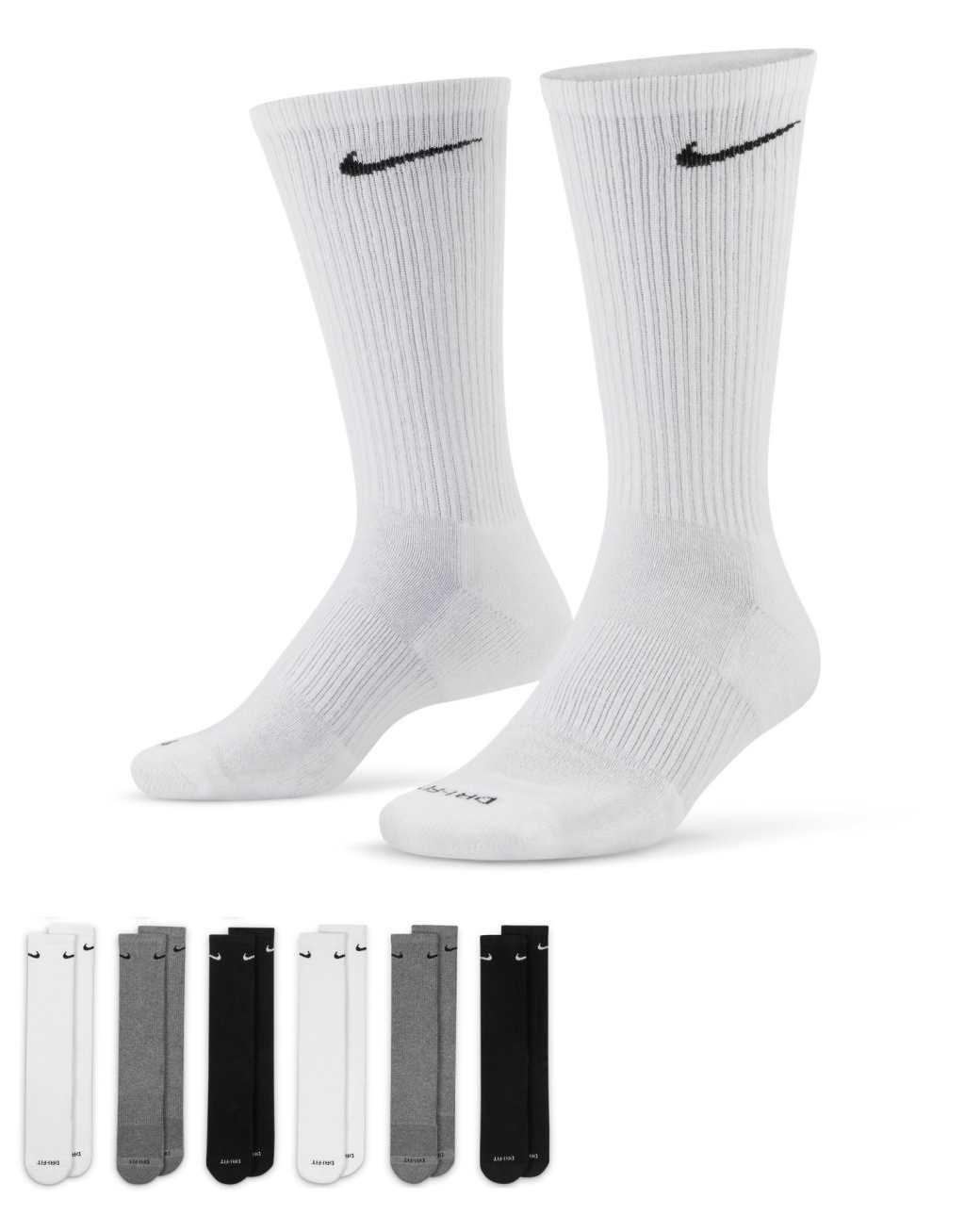 Nike Training Everyday Plus Cushioned 6 pack crew socks in white, black and gray Product Image