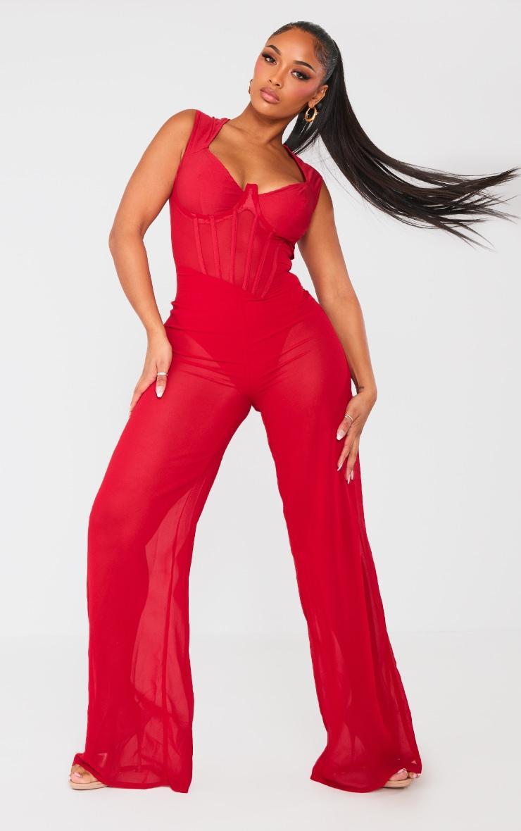  Shape Red Woven Corset Mesh Jumpsuit Product Image